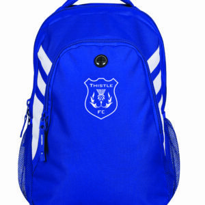 Blue backpack with Thistle logo